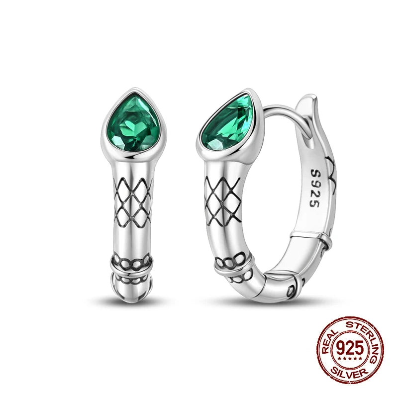 925 Sterling Silver Snake Hoop Earrings - Green Serpentine Gemstone Jewelry