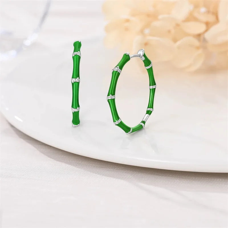 925 Sterling Silver Snake Hoop Earrings - Green Serpentine Gemstone Jewelry