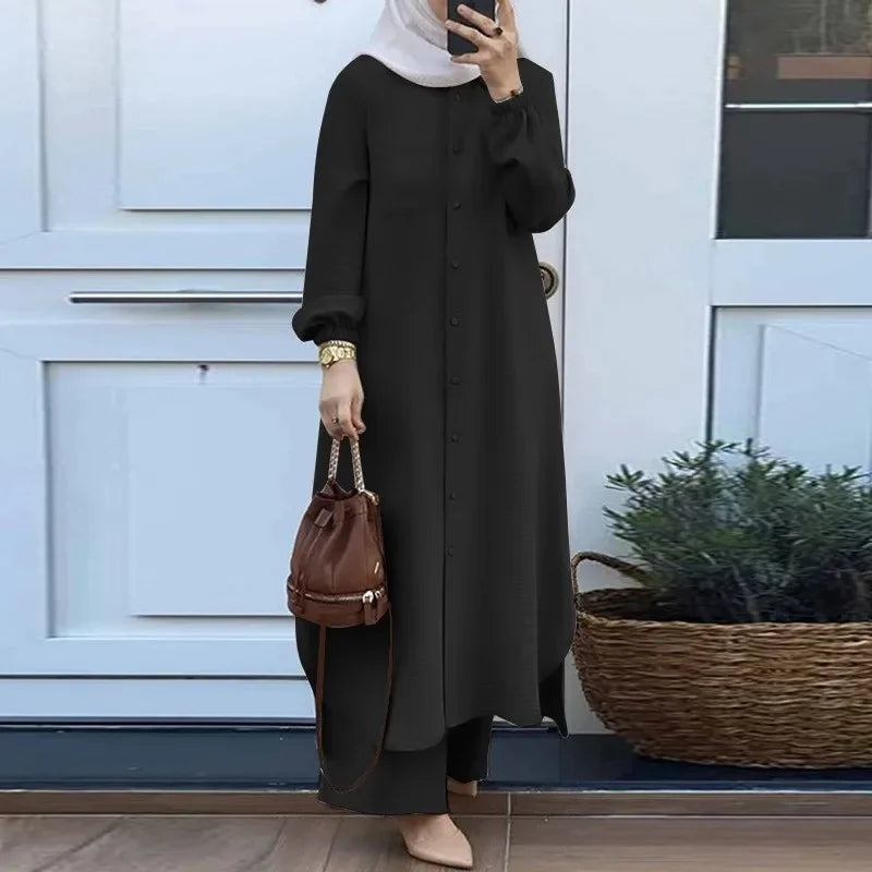 Fashionable Muslim Women's Floral Print Two-Piece Set Long Shirt Wide Leg Pants Spring Autumn Vintage Clothing Ensemble