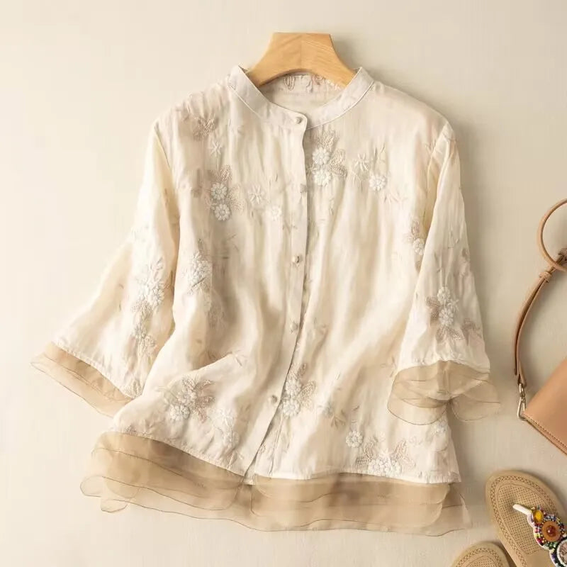 Embroidered Ramie Cotton Linen Loose Women's Shirt 2023 Spring Summer Blouse Shirt Casual Vintage