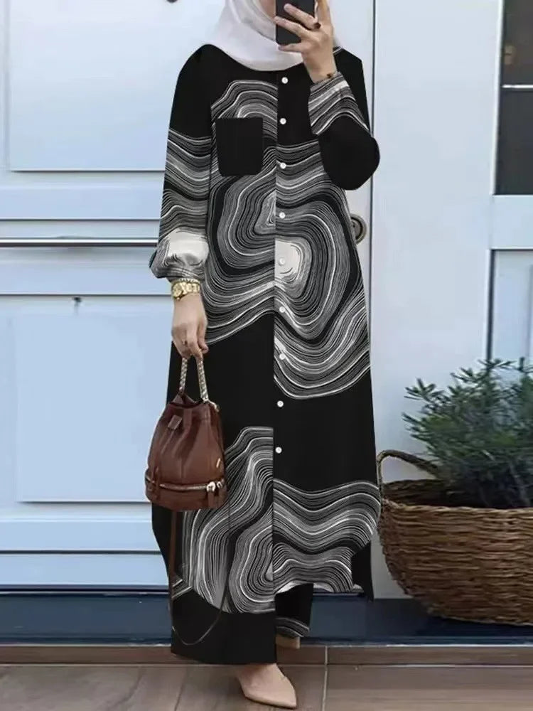 Fashionable Muslim Women's Floral Print Two-Piece Set Long Shirt Wide Leg Pants Spring Autumn Vintage Clothing Ensemble