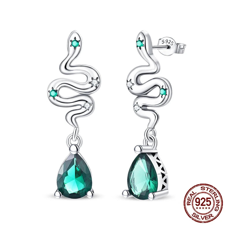 925 Sterling Silver Snake Hoop Earrings - Green Serpentine Gemstone Jewelry