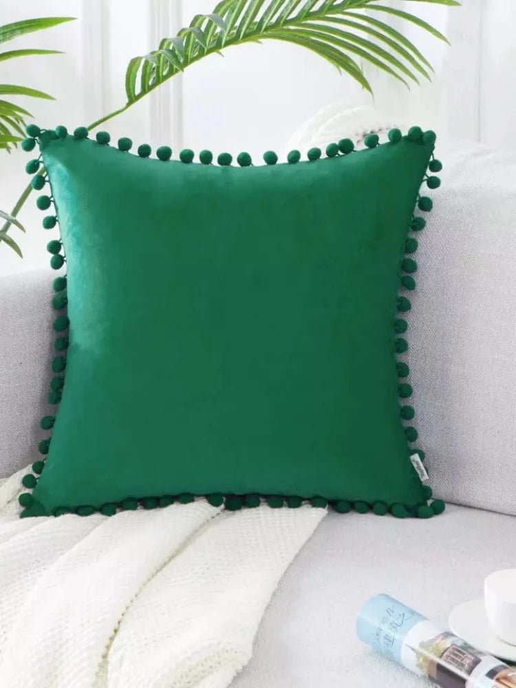 Luxury Velvet Decorative Pillow Cover with Pom Pom Trim - Soft Cushion Case
