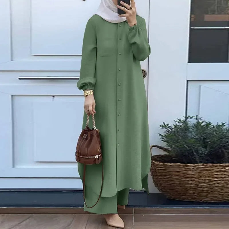 Fashionable Muslim Women's Floral Print Two-Piece Set Long Shirt Wide Leg Pants Spring Autumn Vintage Clothing Ensemble