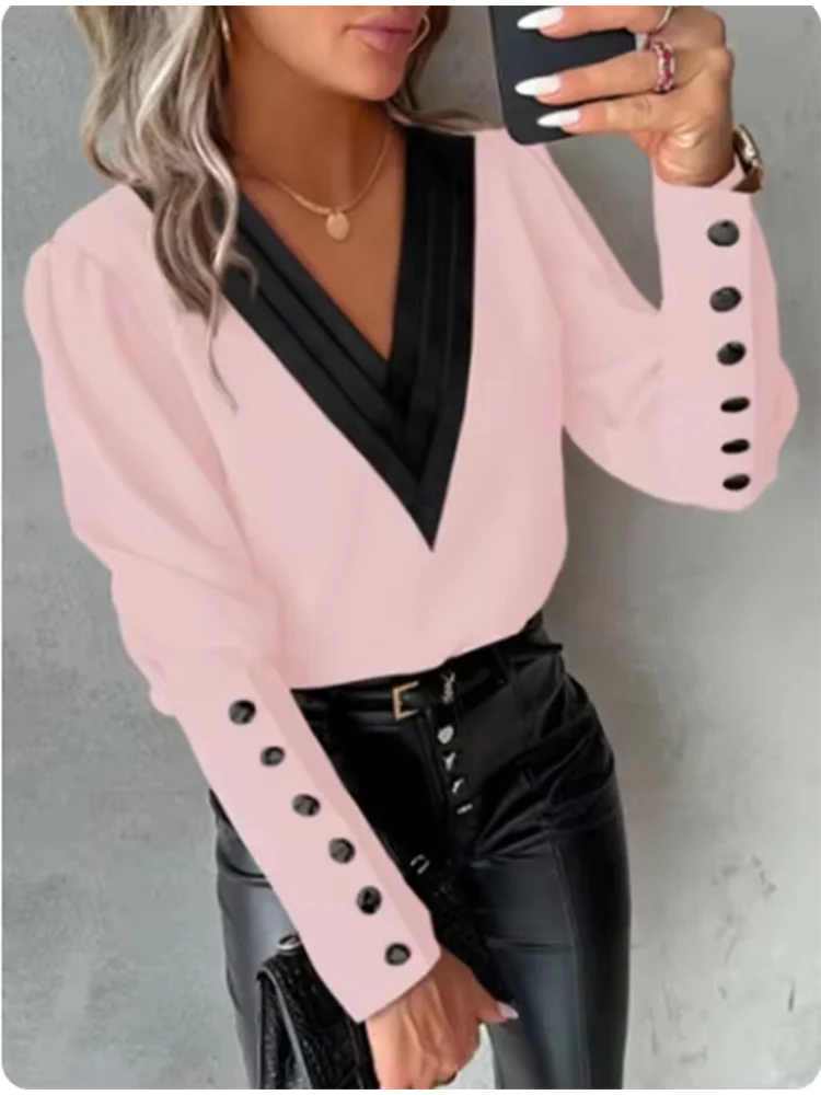 Women's V-Neck Long Sleeve T Shirt Color Block Button Up Blouse Elegant Autumn Spring Top