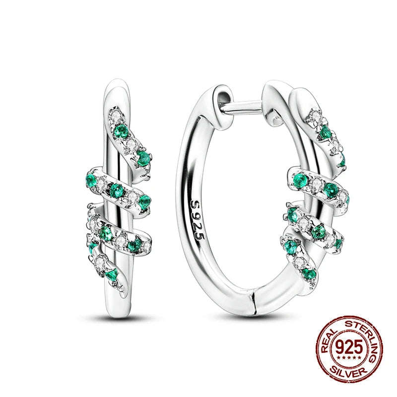 925 Sterling Silver Snake Hoop Earrings - Green Serpentine Gemstone Jewelry