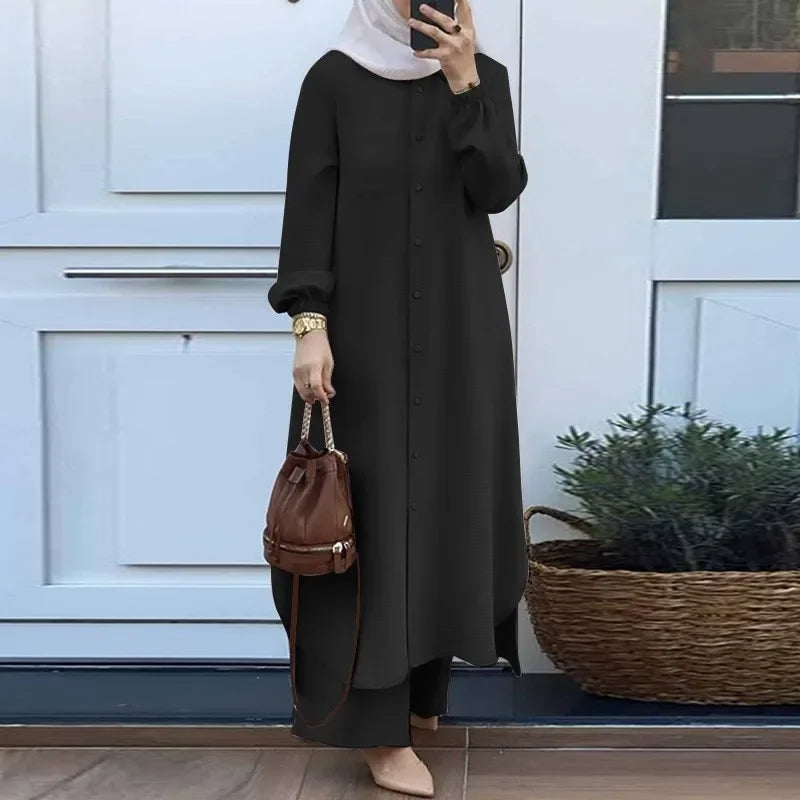 Fashionable Muslim Women's Floral Print Two-Piece Set Long Shirt Wide Leg Pants Spring Autumn Vintage Clothing Ensemble