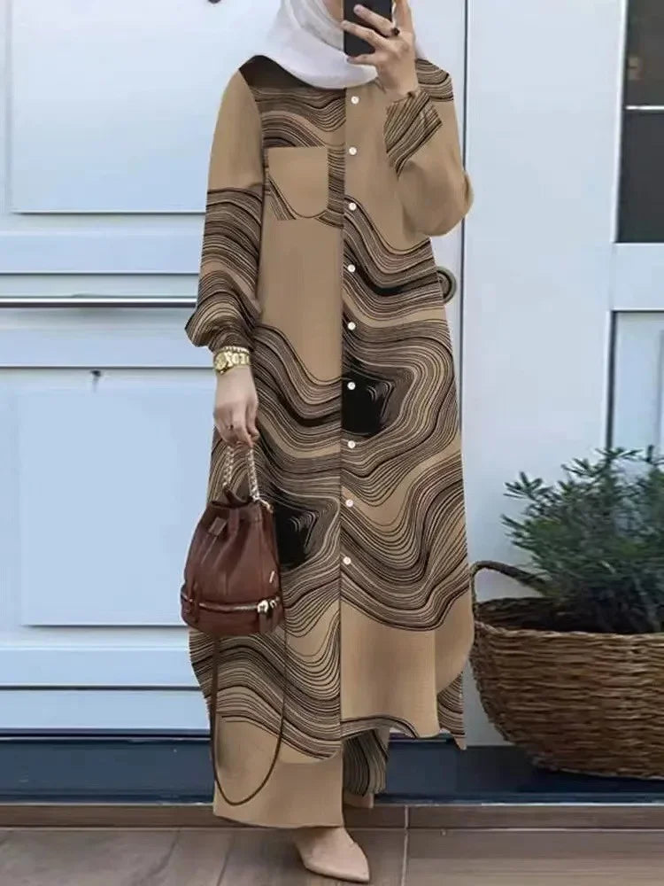 Fashionable Muslim Women's Floral Print Two-Piece Set Long Shirt Wide Leg Pants Spring Autumn Vintage Clothing Ensemble