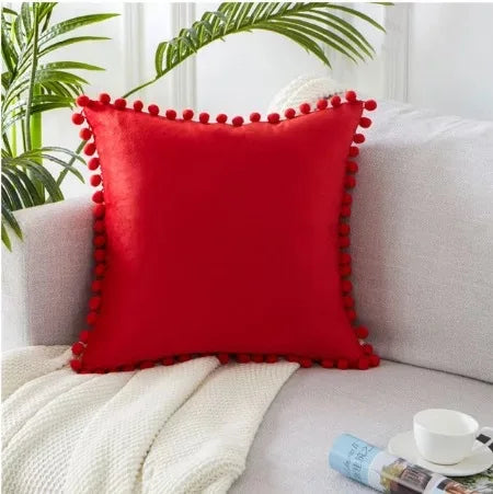 Luxury Velvet Decorative Pillow Cover with Pom Pom Trim - Soft Cushion Case