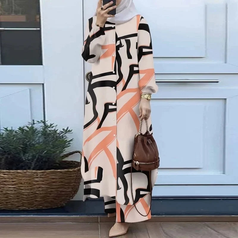 Fashionable Muslim Women's Floral Print Two-Piece Set Long Shirt Wide Leg Pants Spring Autumn Vintage Clothing Ensemble