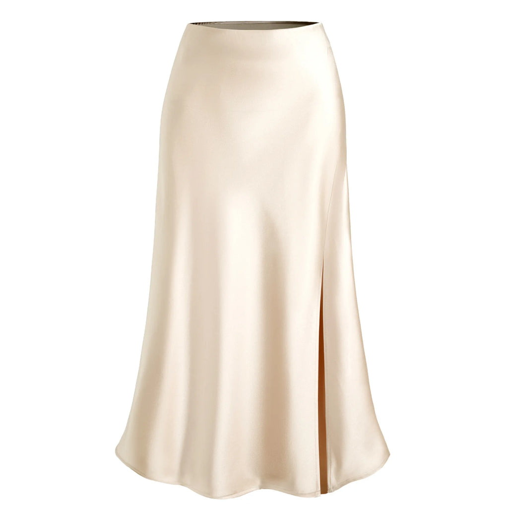 Women's Spring Summer Satin Skirt High Waisted Elegant Bodycon Split Open Office Lady Sexy Trendy Faldas