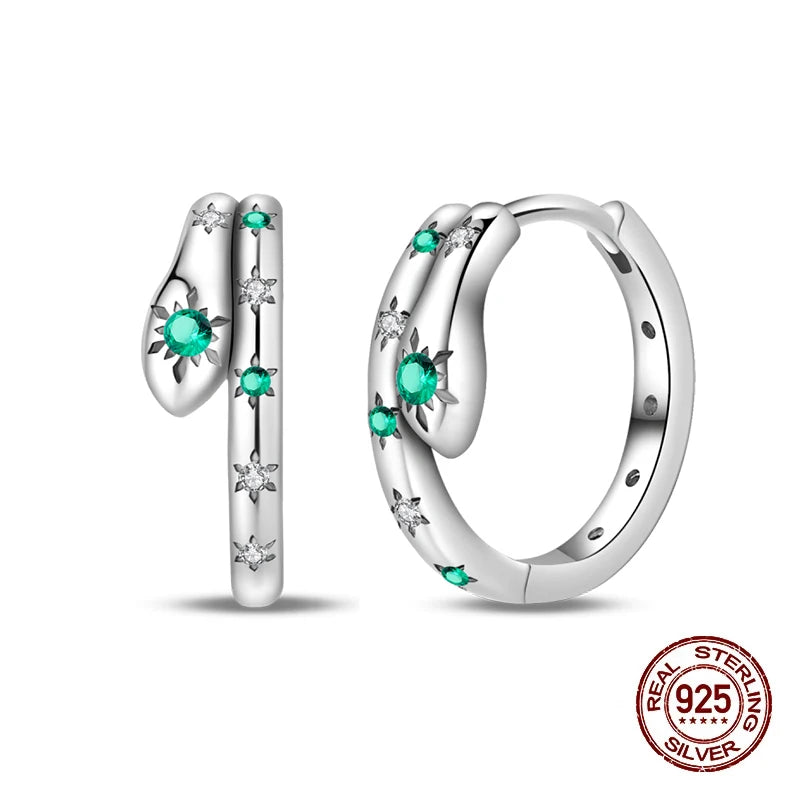 925 Sterling Silver Snake Hoop Earrings - Green Serpentine Gemstone Jewelry