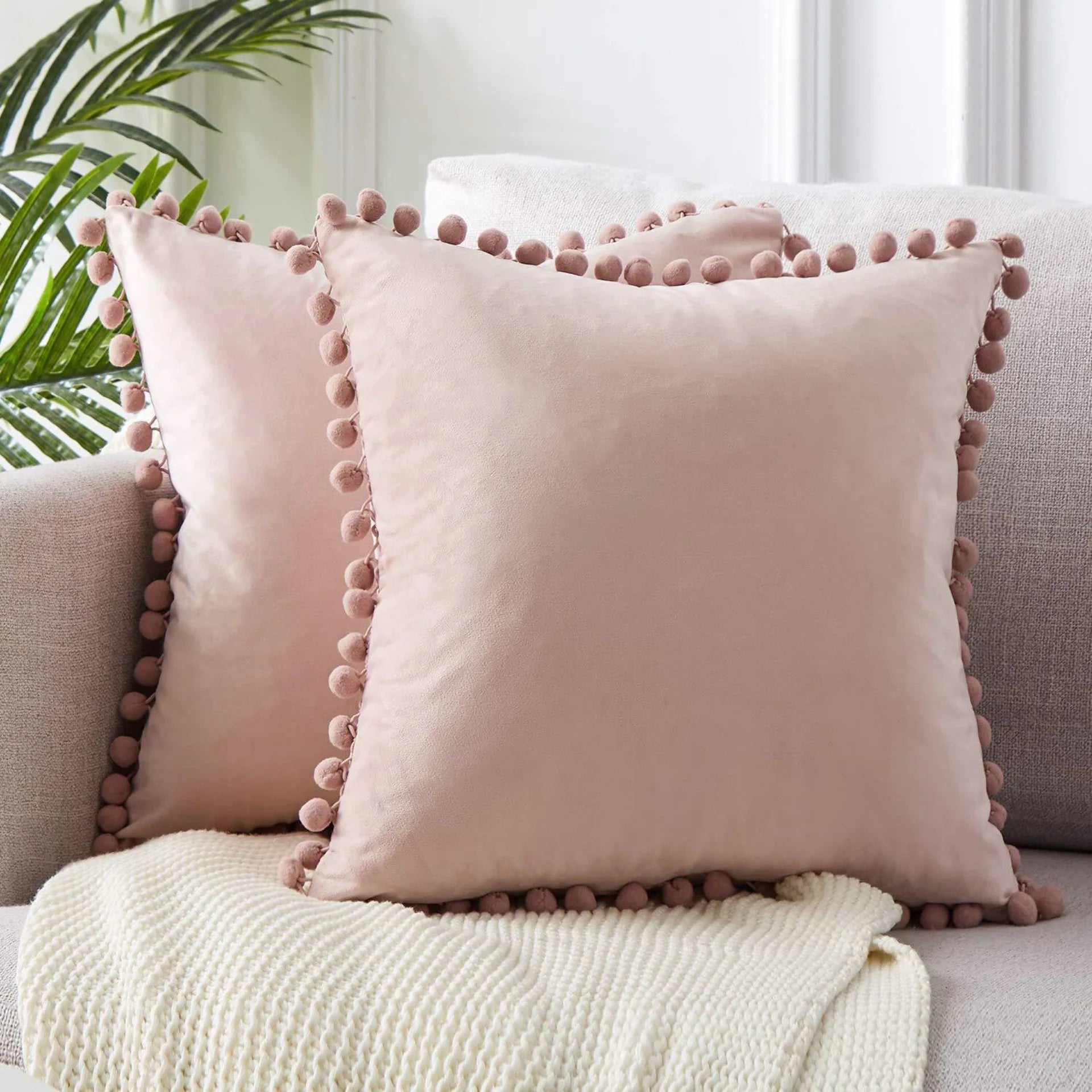 Luxury Velvet Decorative Pillow Cover with Pom Pom Trim - Soft Cushion Case