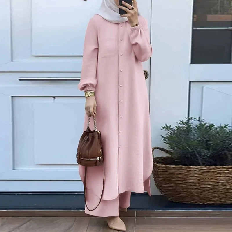 Fashionable Muslim Women's Floral Print Two-Piece Set Long Shirt Wide Leg Pants Spring Autumn Vintage Clothing Ensemble