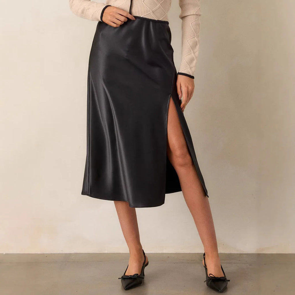 Women's Spring Summer Satin Skirt High Waisted Elegant Bodycon Split Open Office Lady Sexy Trendy Faldas