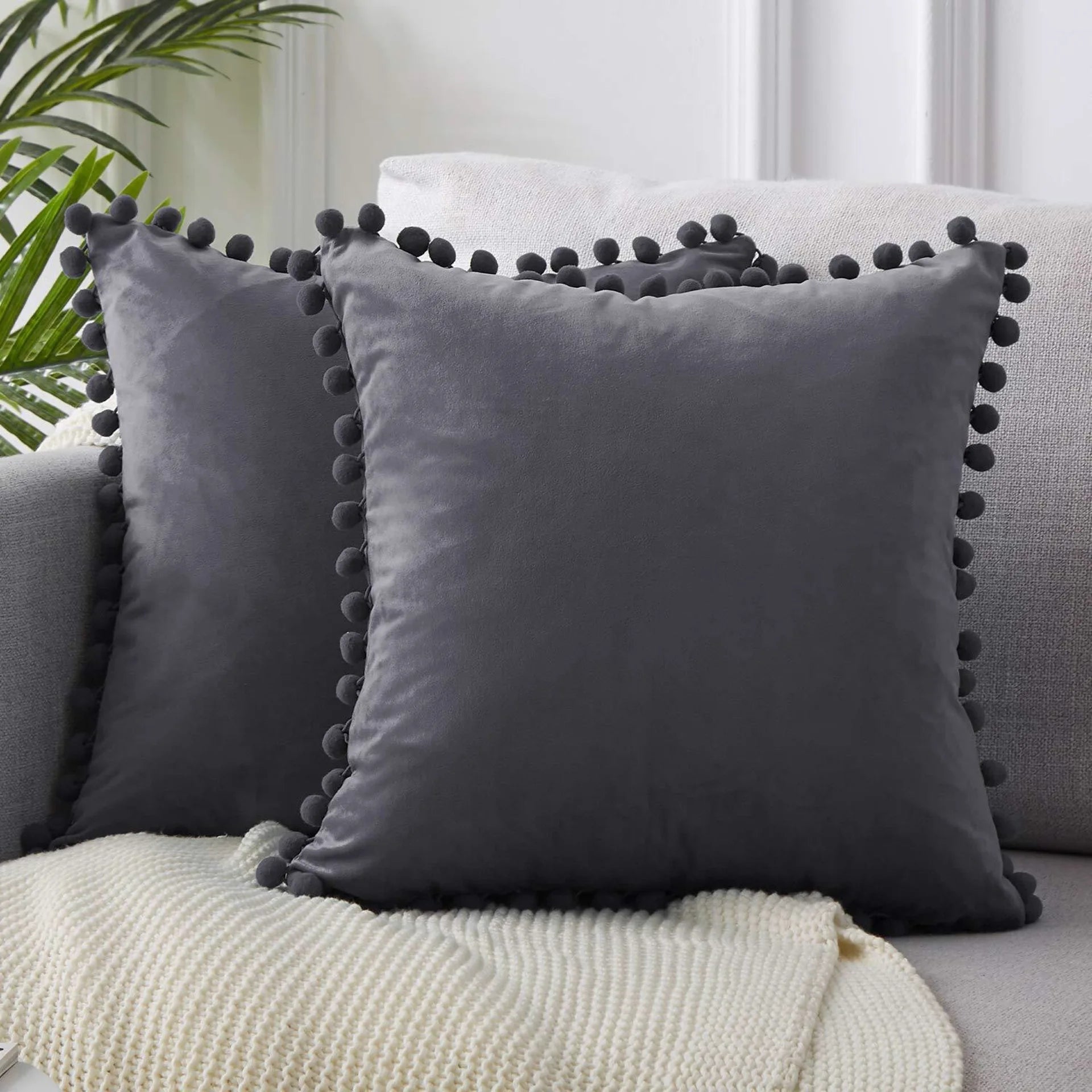 Luxury Velvet Decorative Pillow Cover with Pom Pom Trim - Soft Cushion Case