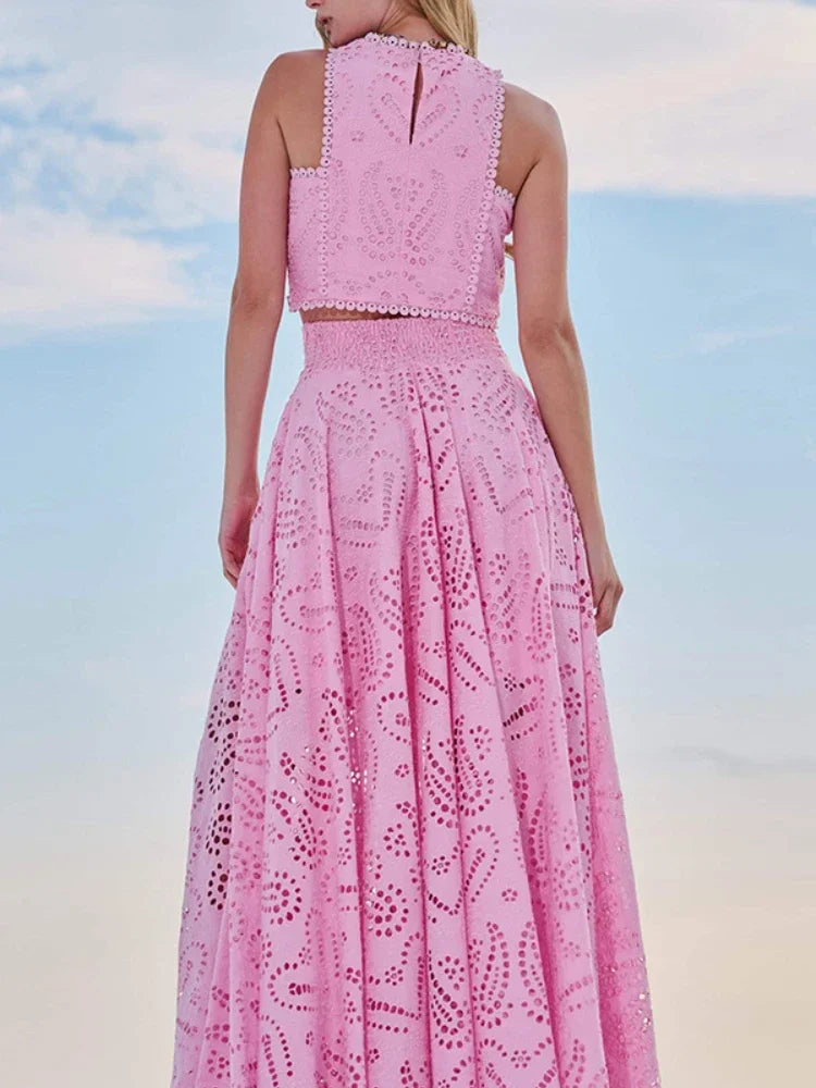 New in Spring Summer New Solid Color Round Neck Sleeveless Long Dress Set INS Leisure Resort Loose Two-piece Set