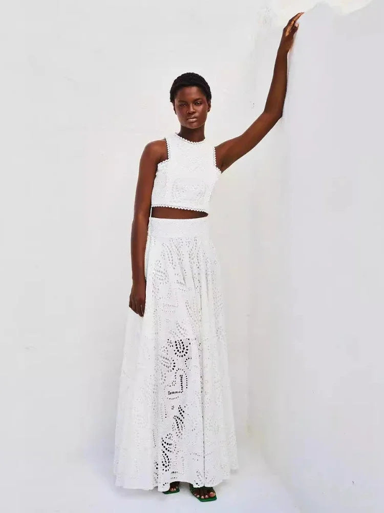 New in Spring Summer New Solid Color Round Neck Sleeveless Long Dress Set INS Leisure Resort Loose Two-piece Set