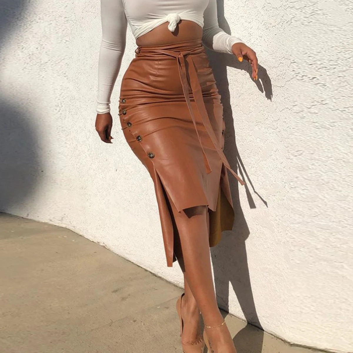 Mode Nieuwe Vrouwen Faux Leather Midi Rok Hoge Taille Knop Trim Slim Effen Kleur Spleet Bodycon Potlood Rok Met Riem