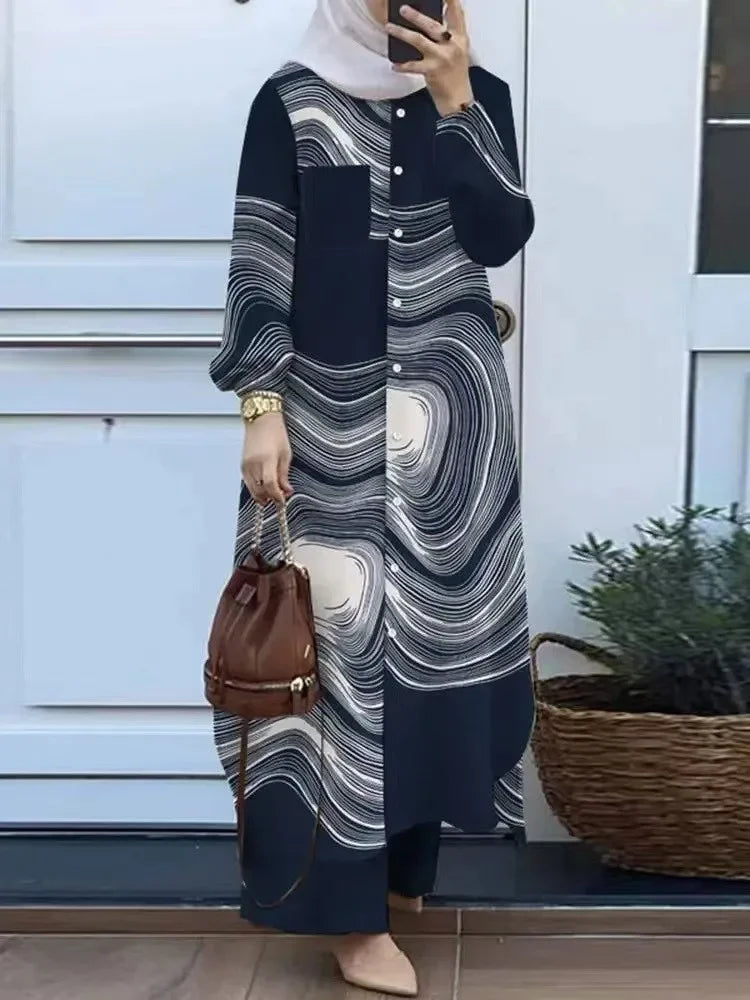 Fashionable Muslim Women's Floral Print Two-Piece Set Long Shirt Wide Leg Pants Spring Autumn Vintage Clothing Ensemble