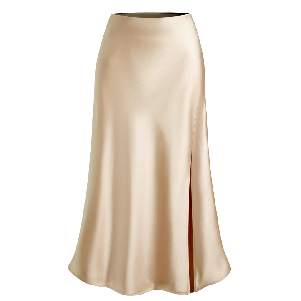 Women's Spring Summer Satin Skirt High Waisted Elegant Bodycon Split Open Office Lady Sexy Trendy Faldas