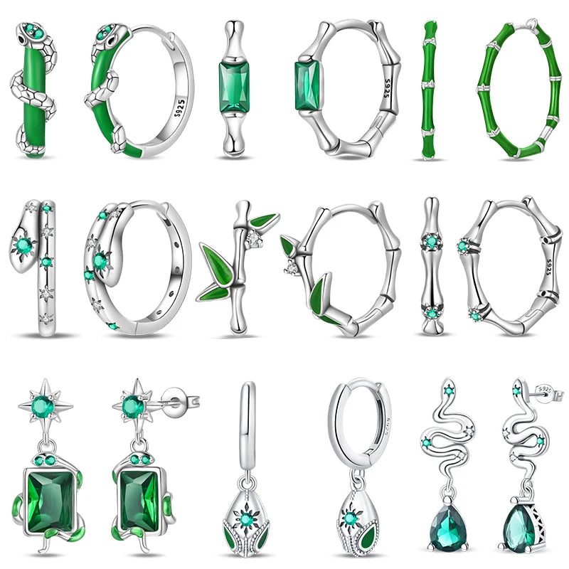 925 Sterling Silver Snake Hoop Earrings - Green Serpentine Gemstone Jewelry