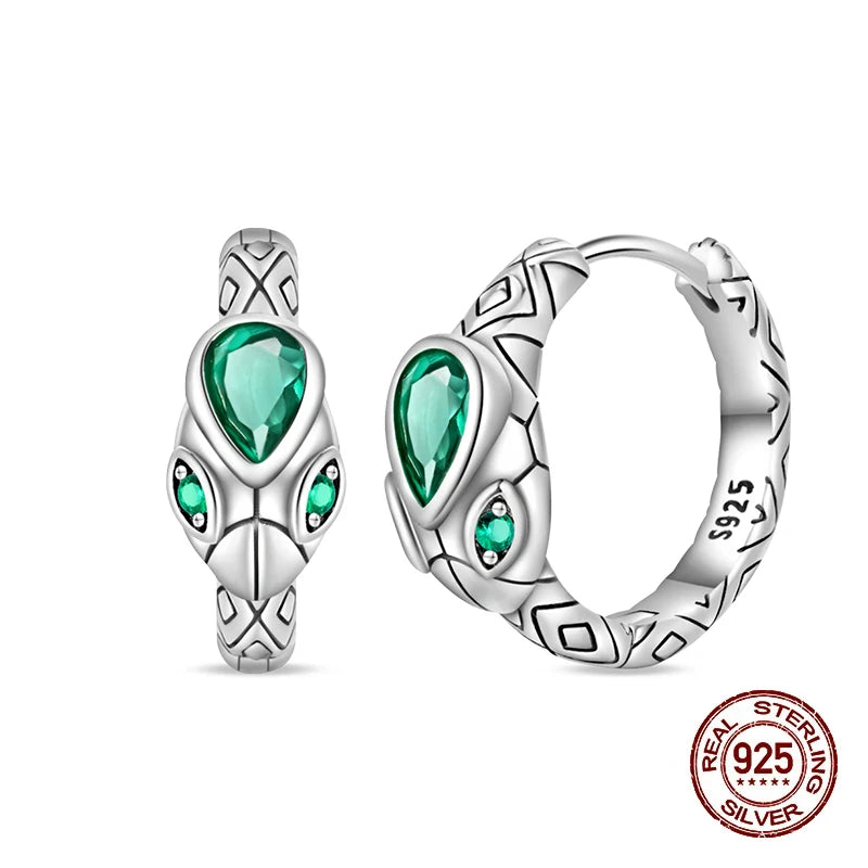 925 Sterling Silver Snake Hoop Earrings - Green Serpentine Gemstone Jewelry