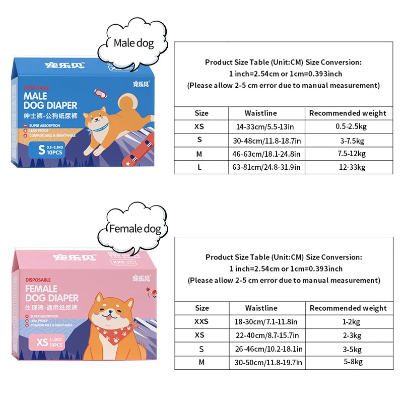 10Pcs Disposable Pet Diapers Super Absorption Physiological Dog Pants Pee Pads Breathable for Males Female Pet Supplies