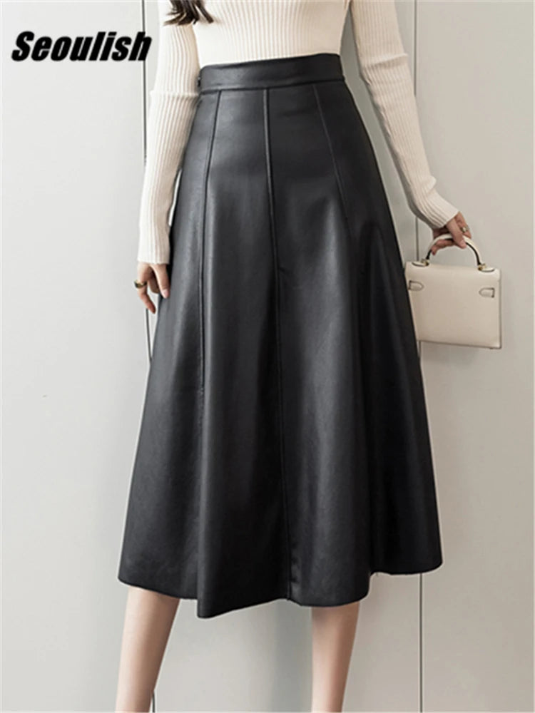 Seoulish Black Faux PU Leather Women's A-Line Skirts New Autumn Winter High Wasit Solid Chic Umbrella Office Skirts Female