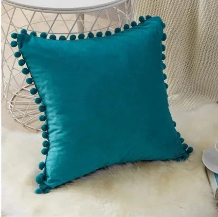 Luxury Velvet Decorative Pillow Cover with Pom Pom Trim - Soft Cushion Case