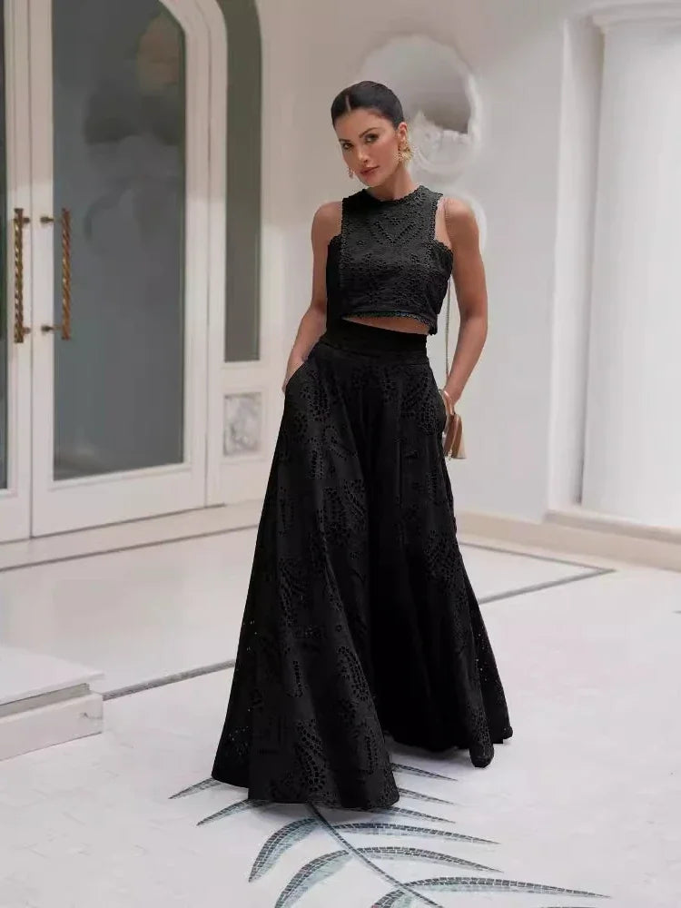 New in Spring Summer New Solid Color Round Neck Sleeveless Long Dress Set INS Leisure Resort Loose Two-piece Set