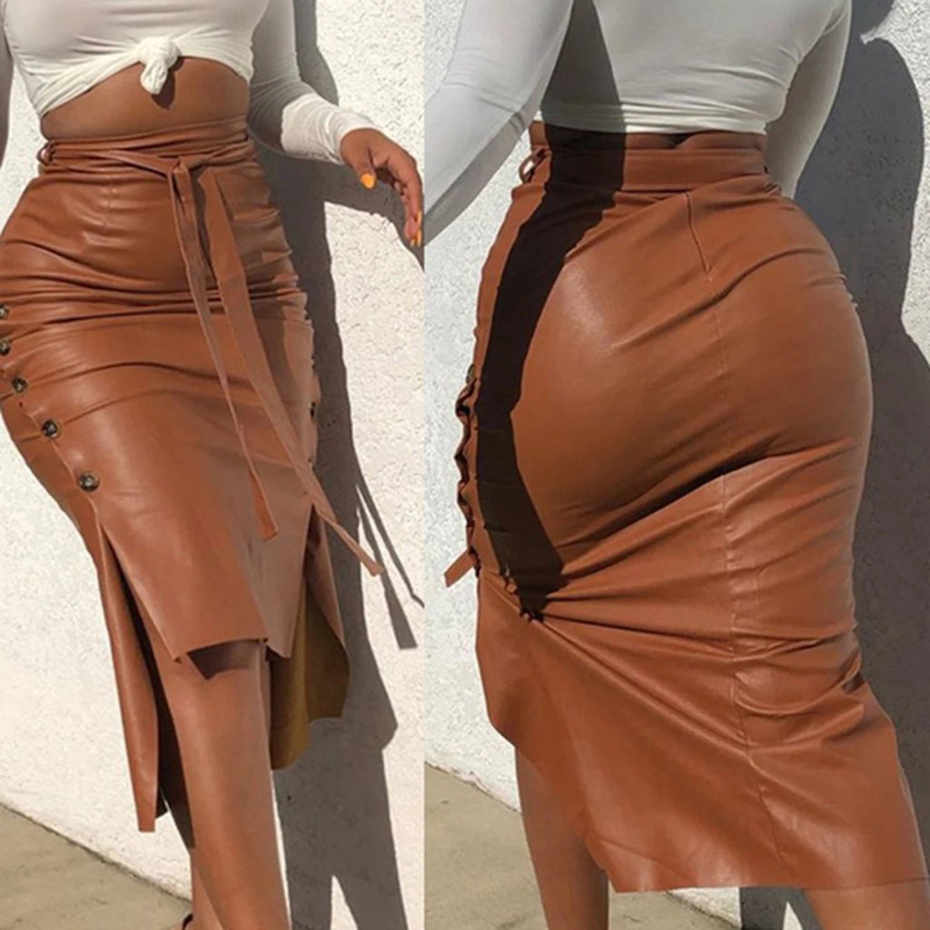 Mode Nieuwe Vrouwen Faux Leather Midi Rok Hoge Taille Knop Trim Slim Effen Kleur Spleet Bodycon Potlood Rok Met Riem