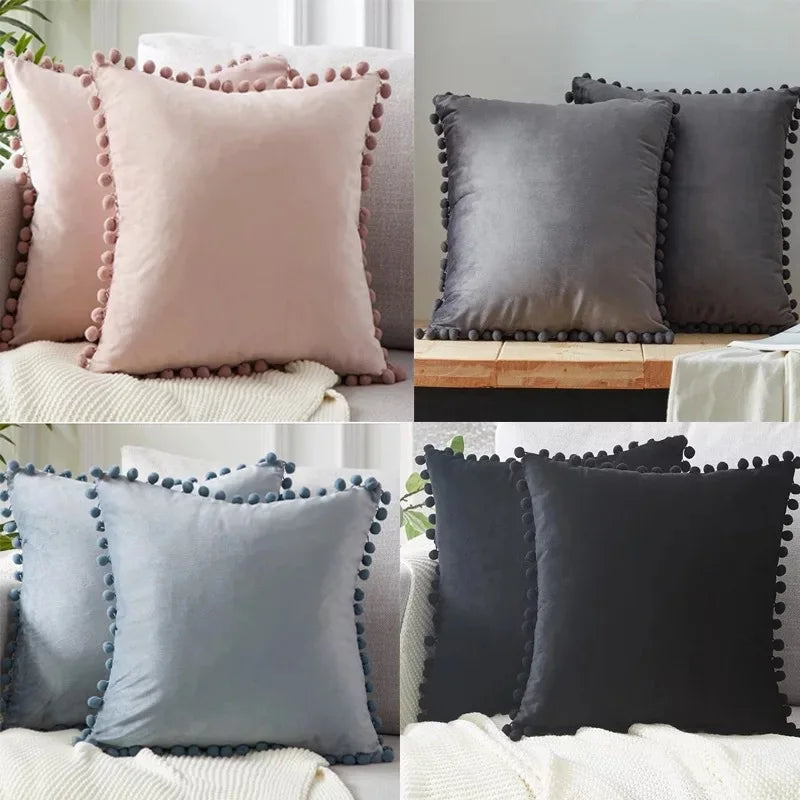 Luxury Velvet Decorative Pillow Cover with Pom Pom Trim - Soft Cushion Case