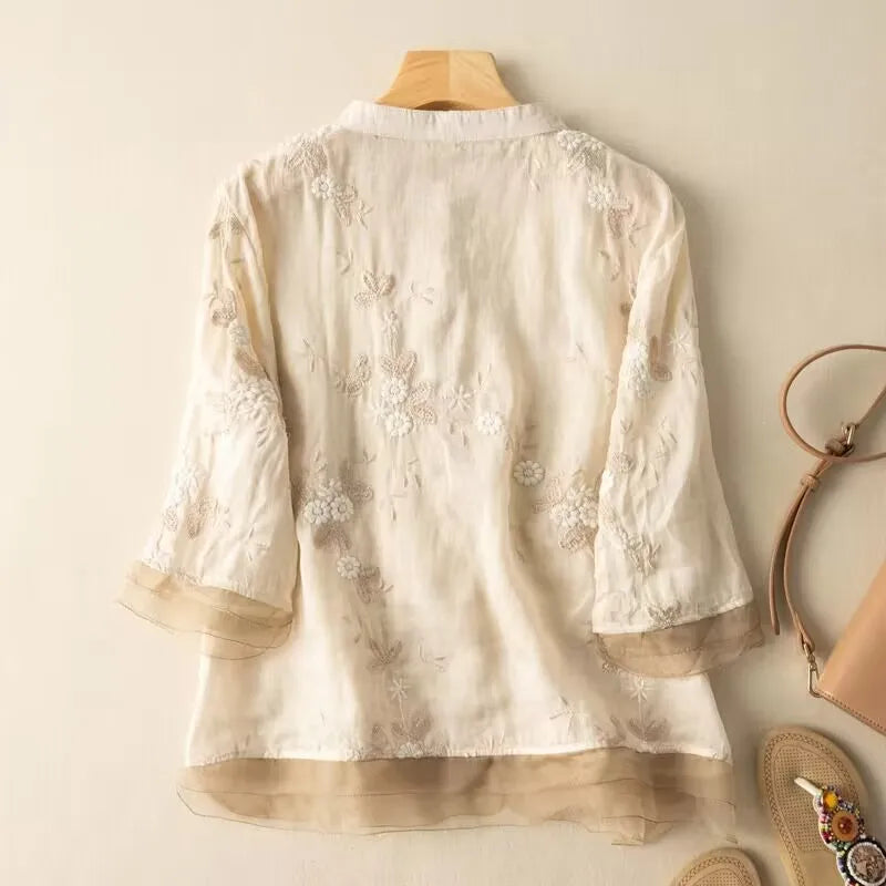 Embroidered Ramie Cotton Linen Loose Women's Shirt 2023 Spring Summer Blouse Shirt Casual Vintage